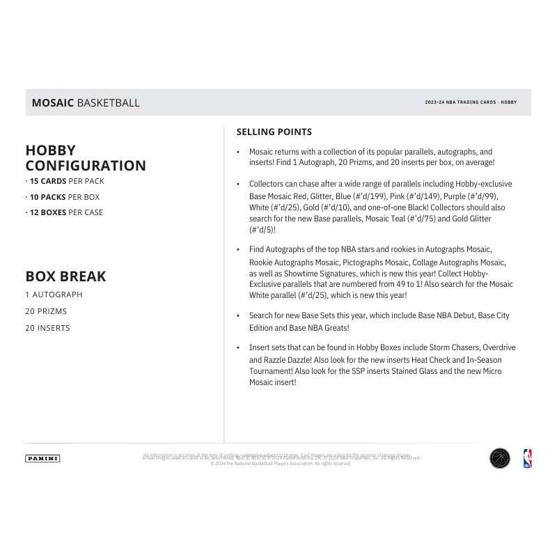 2023/24 Panini Mosaic Basketball Hobby 12 Box Case