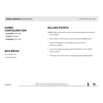 2024 Panini Origins WNBA Basketball Hobby 10 Box Case