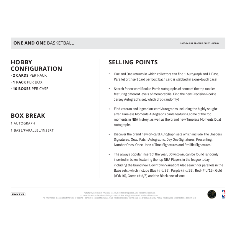 2023/24 Panini One & One Basketball Hobby 10 Box Case